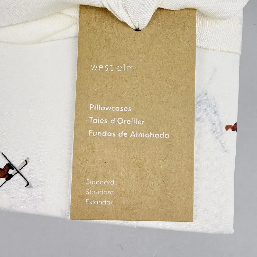 West Elm Skiers Pillowcases Set Of 2 Standard Percale Cream Cotton Winter New